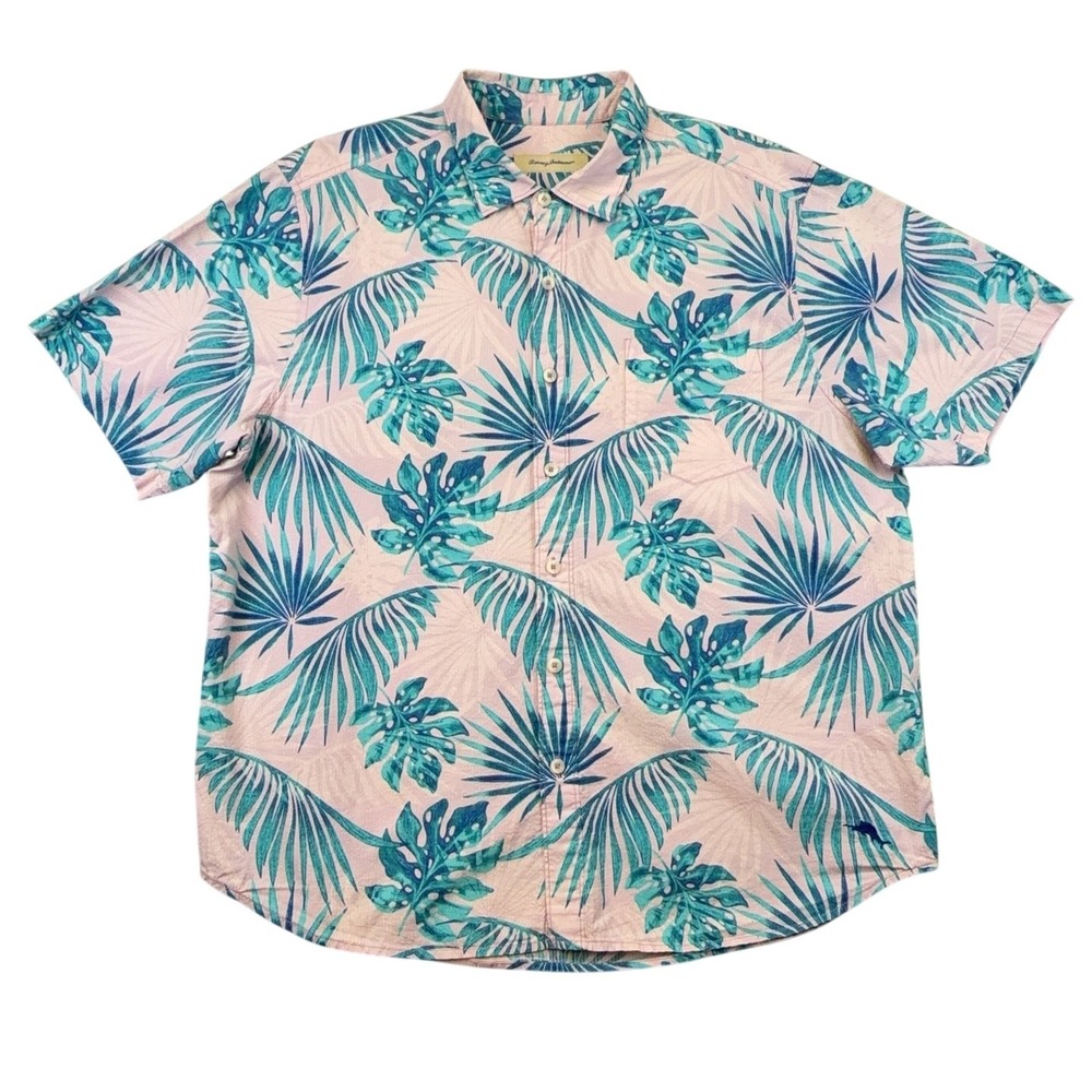 Tommy Bahama Shirt Mens XL Pink Blue Tropical Leaf Hawaiian Aloha Cotton